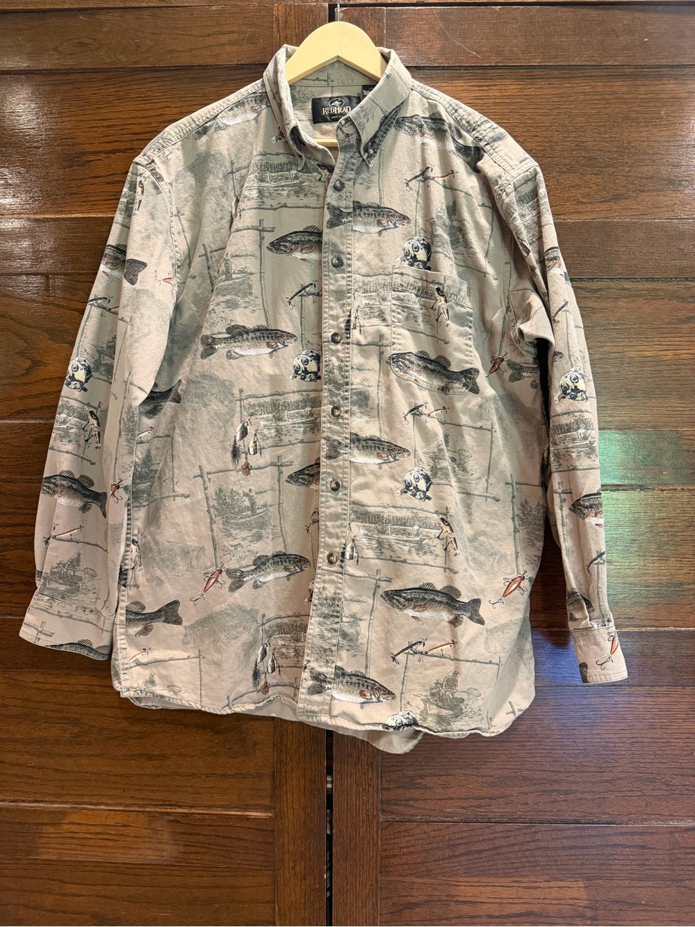 Vintage RedHead Large button down shirt long sleeve fishing motif 100% cotton